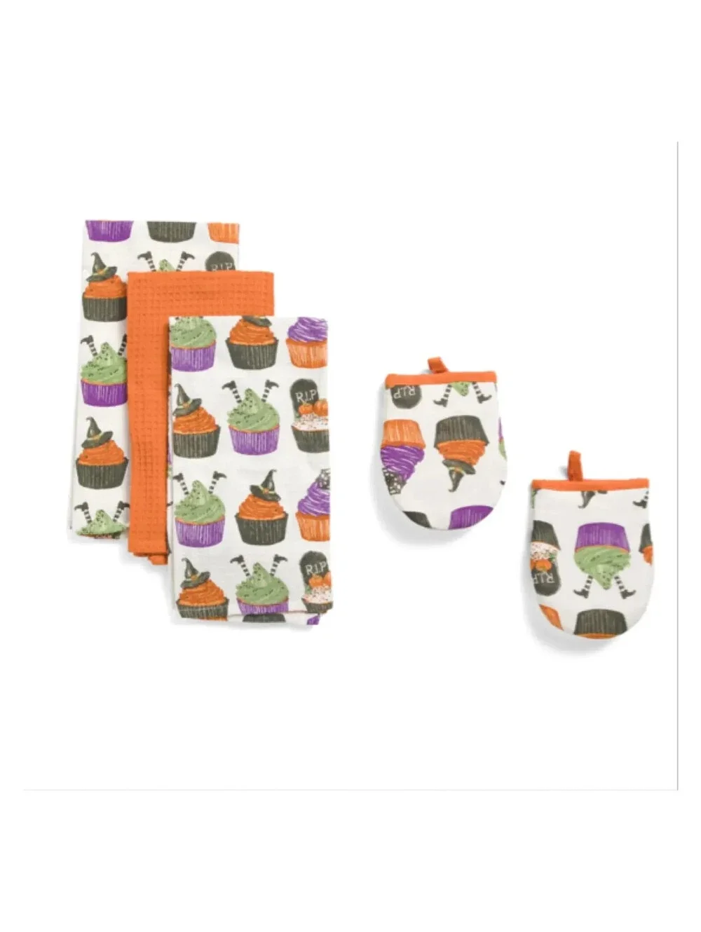 HALLOWEEN CUPCAKES 5 PIECE KITCHEN TOWELS AND OVEN MITTS SET ORANGE MULTI NEW